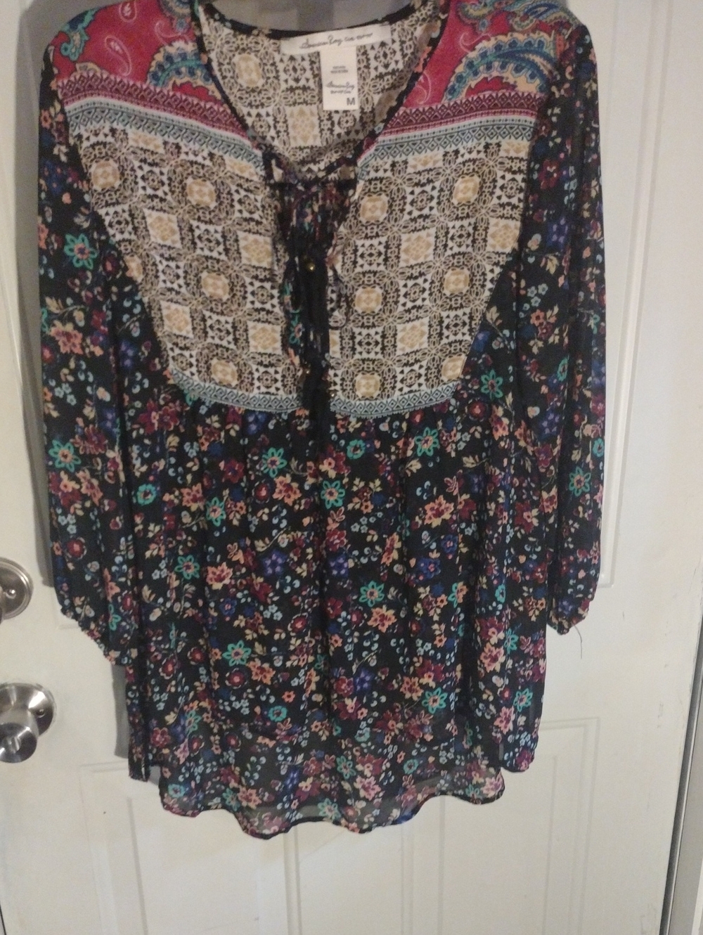 American Rag Black Multi Floral Boho Tunic with Lace Yoke